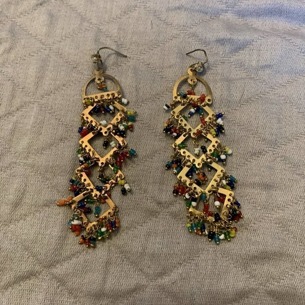Bohemian Multicolor Beaded Diamond Dangle Earrings - Gold Tone